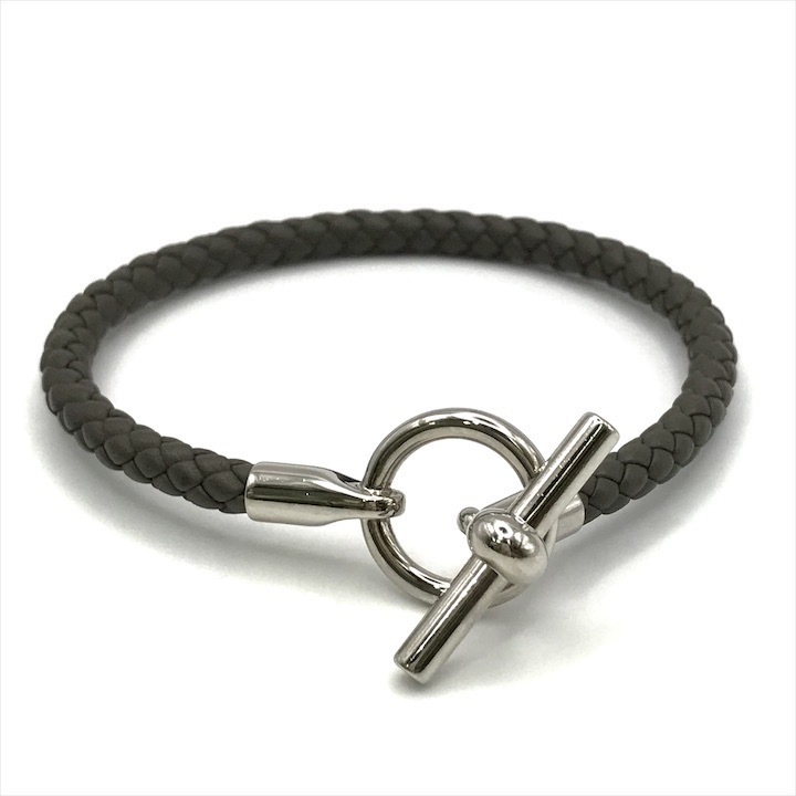超美品 HERMES エルメス グレナン レザー ブレスレッド シルバー金具 グレー レディース バングル ブランド 小物 k6572