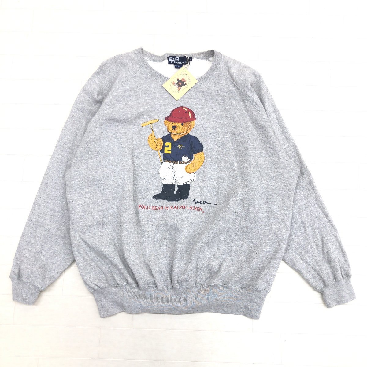 ●新品 90's POLO RALPH LAUREN ポロ ラルフローレン ポロベア スウェット トレーナー L 杢グレー 裏起毛 長袖 ヴィンテージ VINTAGE 古着