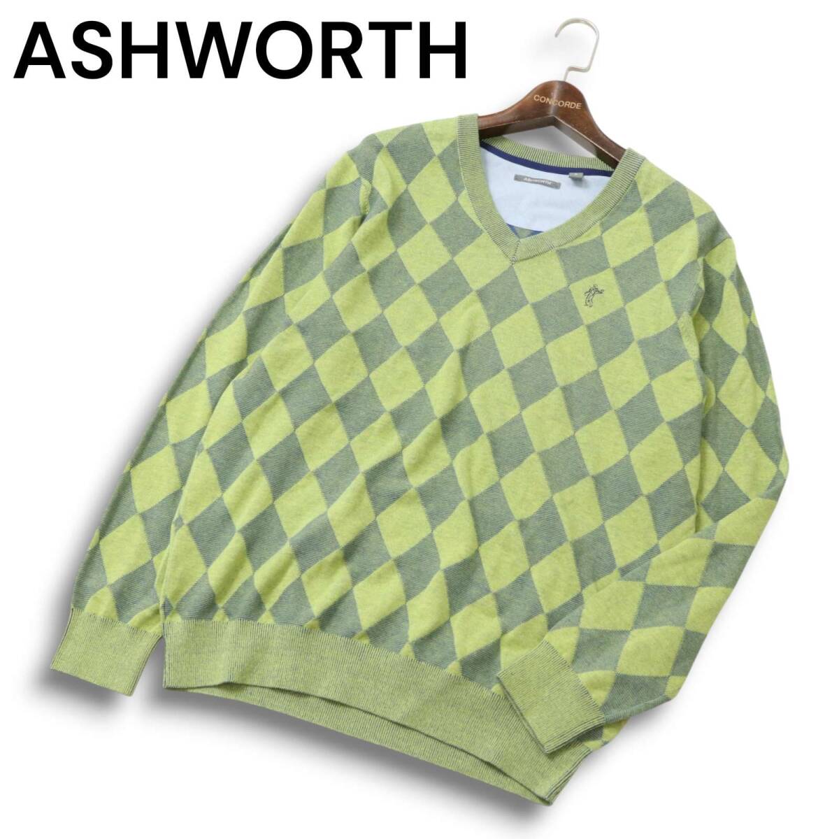ASHWORTH アシュワース ゴルフ 通年★ ダイヤ柄 コットン ニット セーター Sz.O メンズ 大きいサイズ