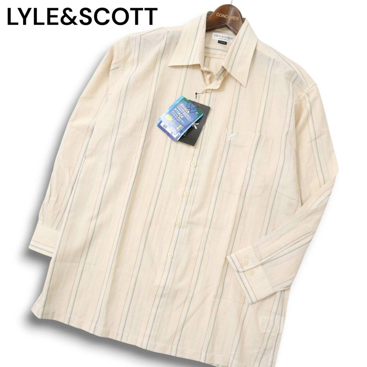 【新品 未使用】 LYLE&SCOTT BLACK LABEL ライル＆スコット ロゴ刺繍★ シアサッカー 長袖 ストライプ シャツ Sz.L メンズ