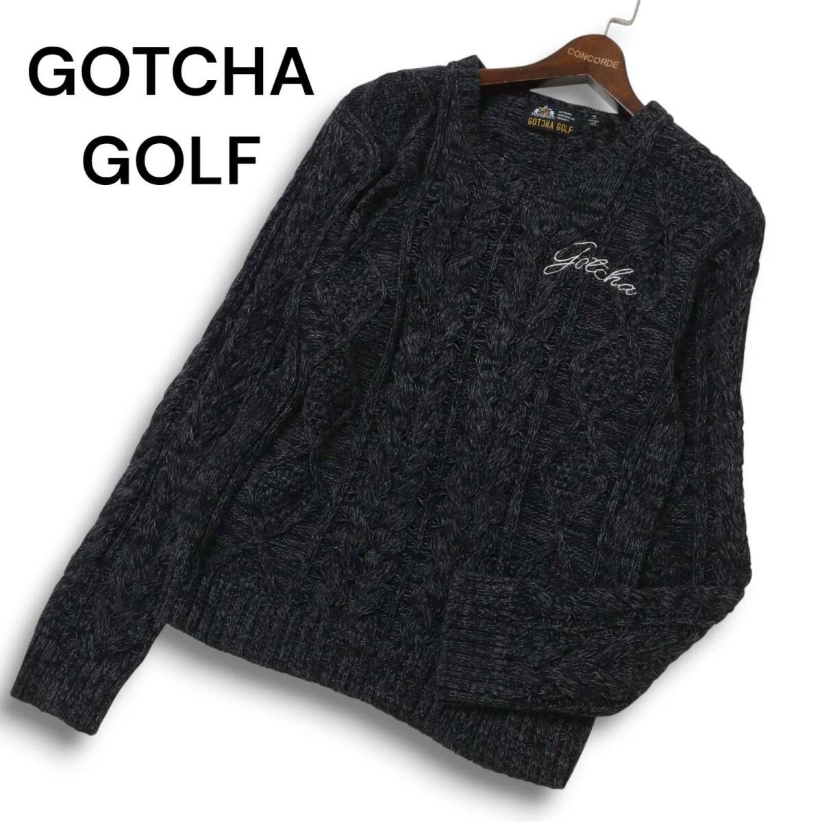 GOTCHA GOLF ガッチャ ゴルフ ロゴ刺繍★ ケーブル編み Vネック コットン セーター ニット Sz.M メンズ