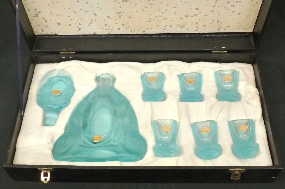 [ZEROnet] 美品 ボヘミアングラス デキャンタ リキュールグラス ショットグラス ヴィンテージ クリスタルガラス 水色 チェコ製 ★R710-42