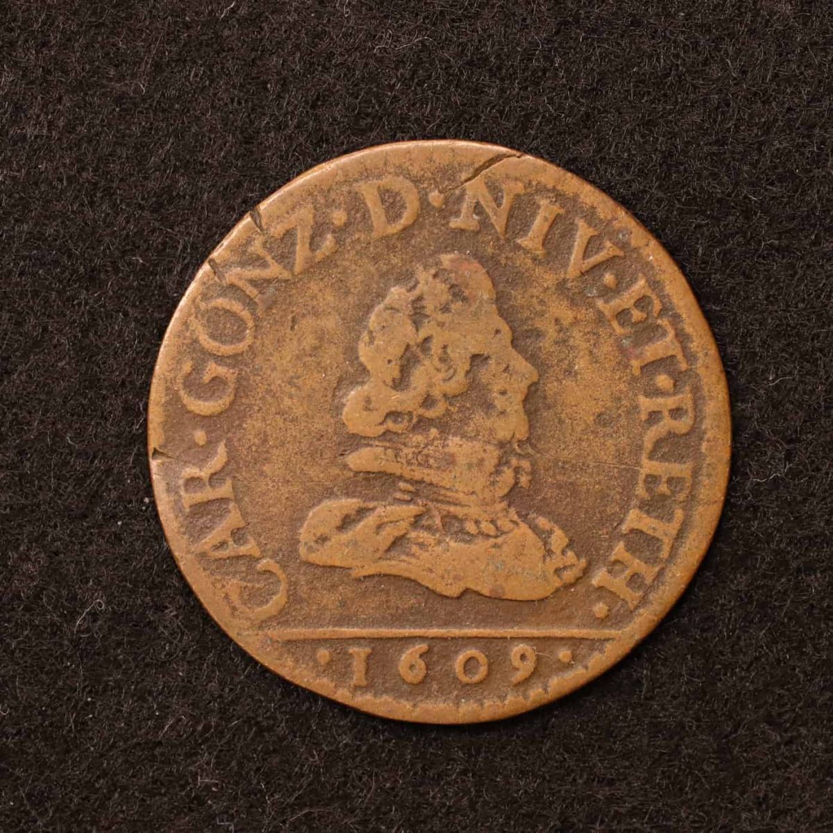 *[令]フランス アルシュ・シャルルヴィル 3 Deniers銅貨（1609）カルロ1世・ゴンザーガ＝ネヴェルス コイン[E3156]7m2