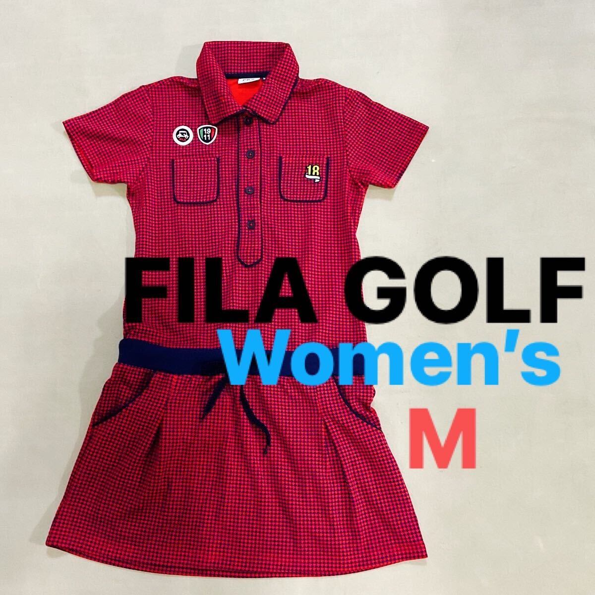 【超美品】 FILA GOLF フィラゴルフ レディースM 半袖ワンピース ワンピース ゴルフウェア　ストレッチワンピース 生地厚め 秋冬 ワッペン
