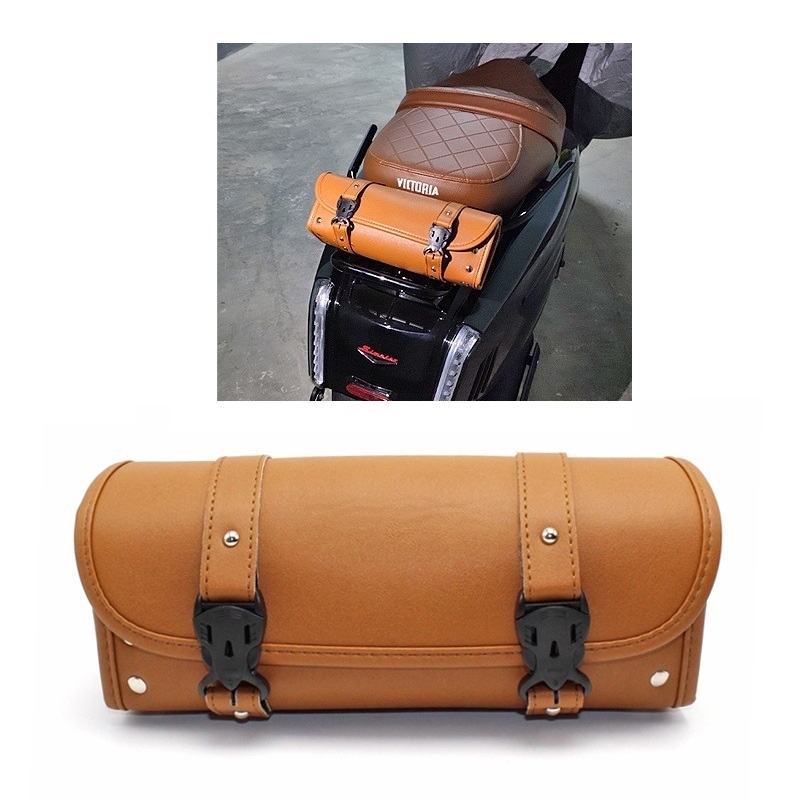人気品バイク用 汎用 ツールバッグ ラウンドタイプ フロント サイド 小物入れ 工具入れ PUレザー 収納 (キャメル)