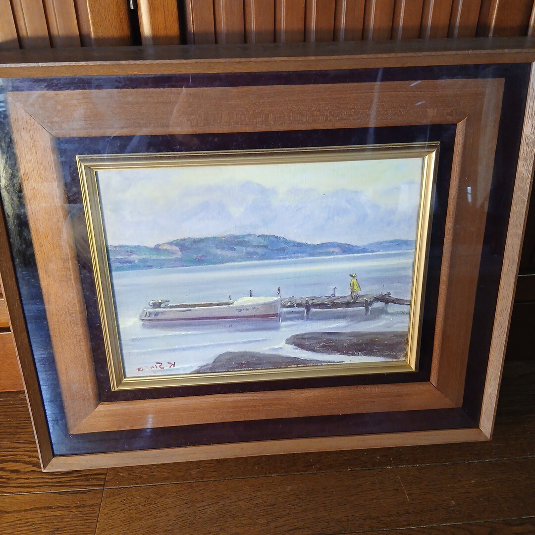 C693 作者不明　サイン有り　門松茂夫　山中湖畔の湖　山　舟　風景　油彩画作品　です