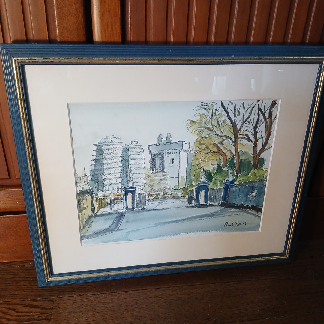 C694 作者不明　サイン有り　大津来幹　イギリス　ウィンザー城　王門の風景　　水彩画　作品です