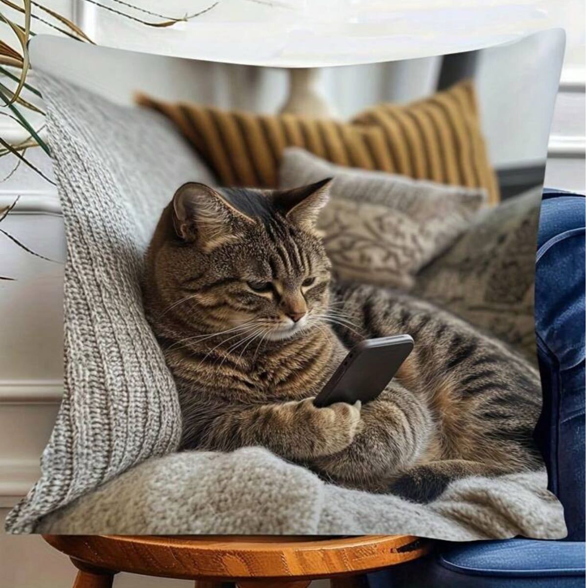 ■新品■クッションカバー■【45㎝×45㎝　】【ねこ　スマホ】　猫　携帯　正方形　リアル　かわいい　しっかり素材　2D平面