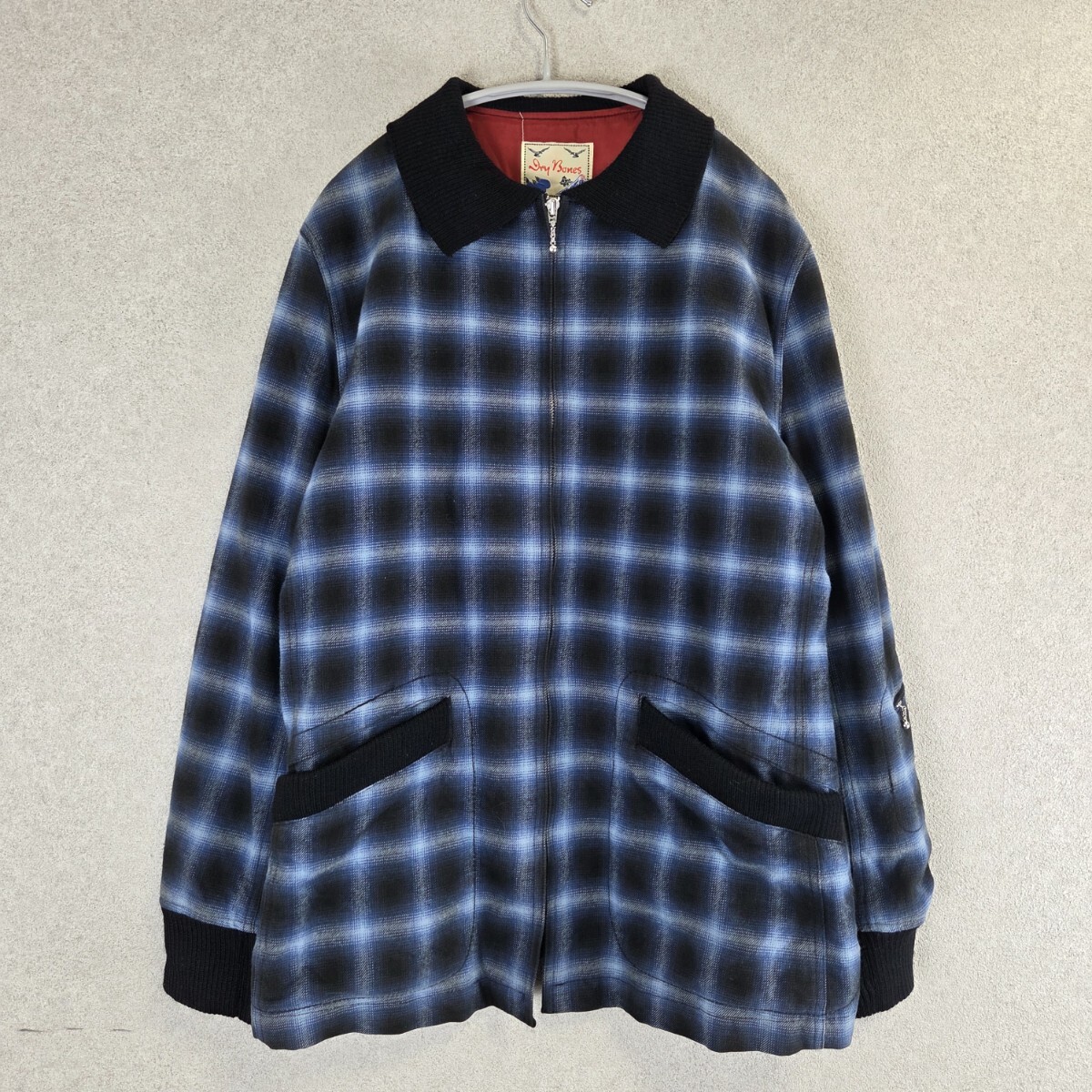 希少 Dry Bones ombre check jacket ドライボーンズ オンブレチェック ジャケット 襟ニット 青 黒 size 40 L ロカビリー コットン キュプラ