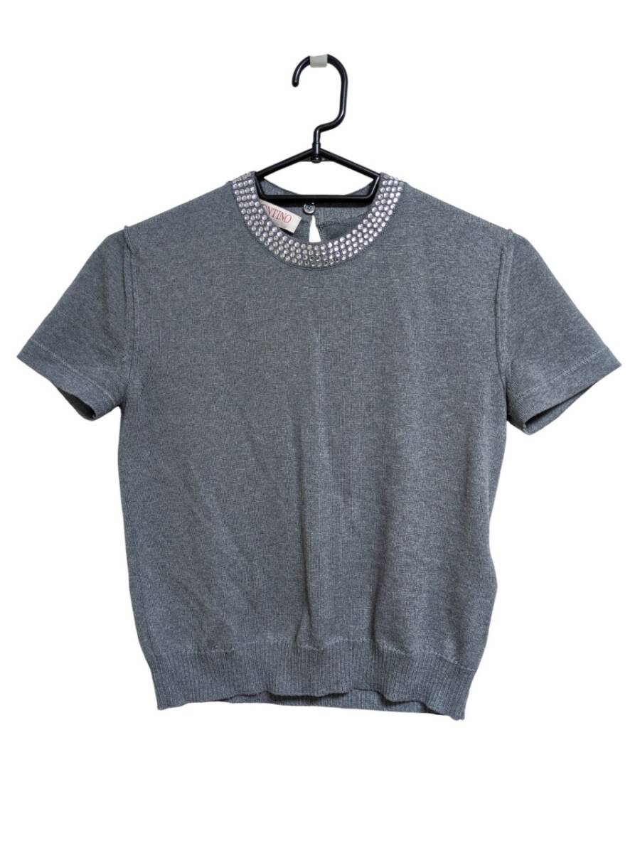 VALENTINO トップス 半袖 クルーネック ニット ストラス装飾 グレー レディース M 170/92A 0000028061 01 LLSOPIZ
