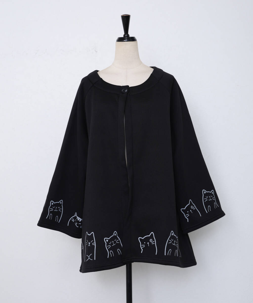 ★値下げ！ねこ柄カーディ　黒　　M-L　ゆったりめ