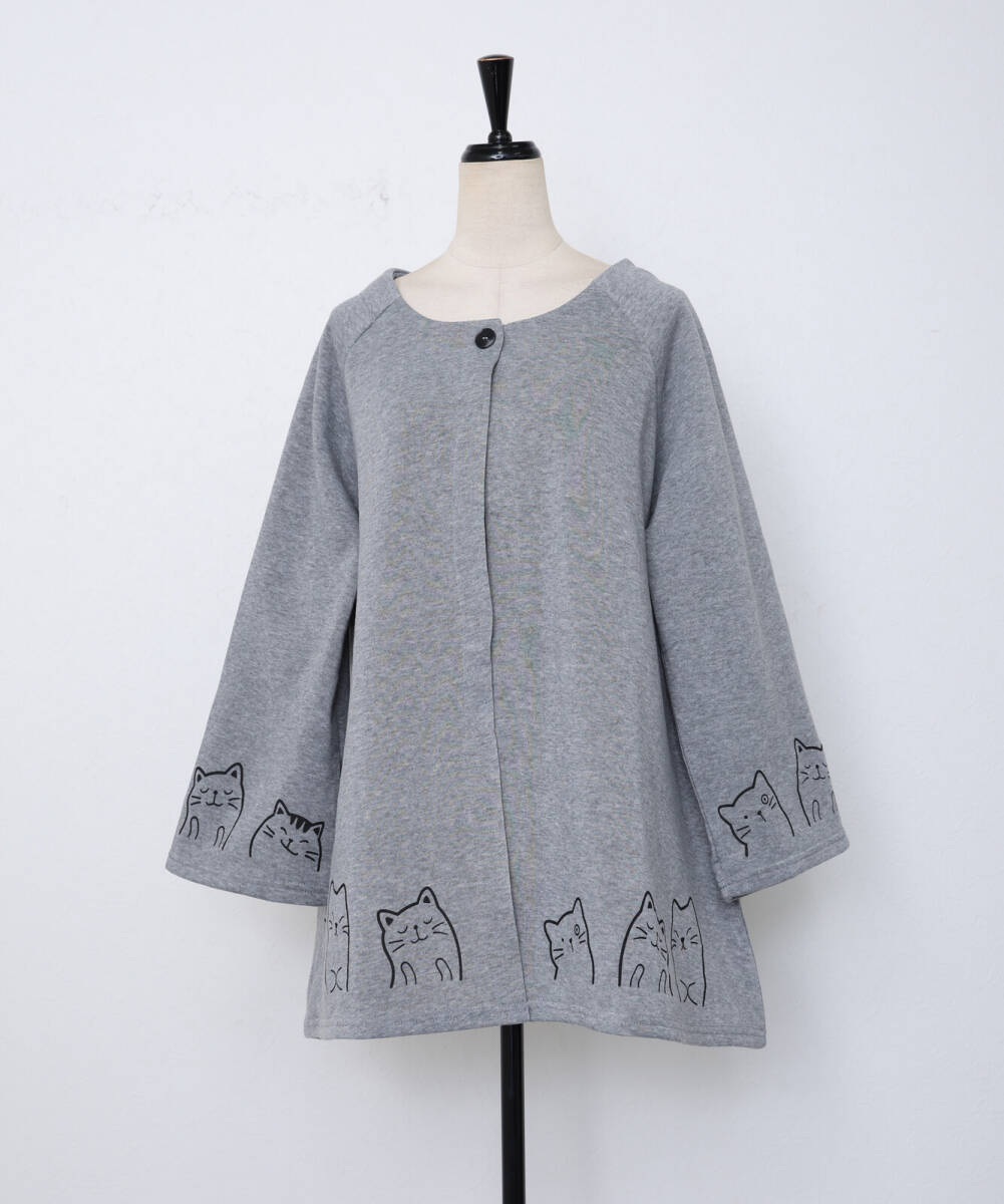 ★値下げ！ねこ柄カーディ　グレー　　M-L　　ゆったり