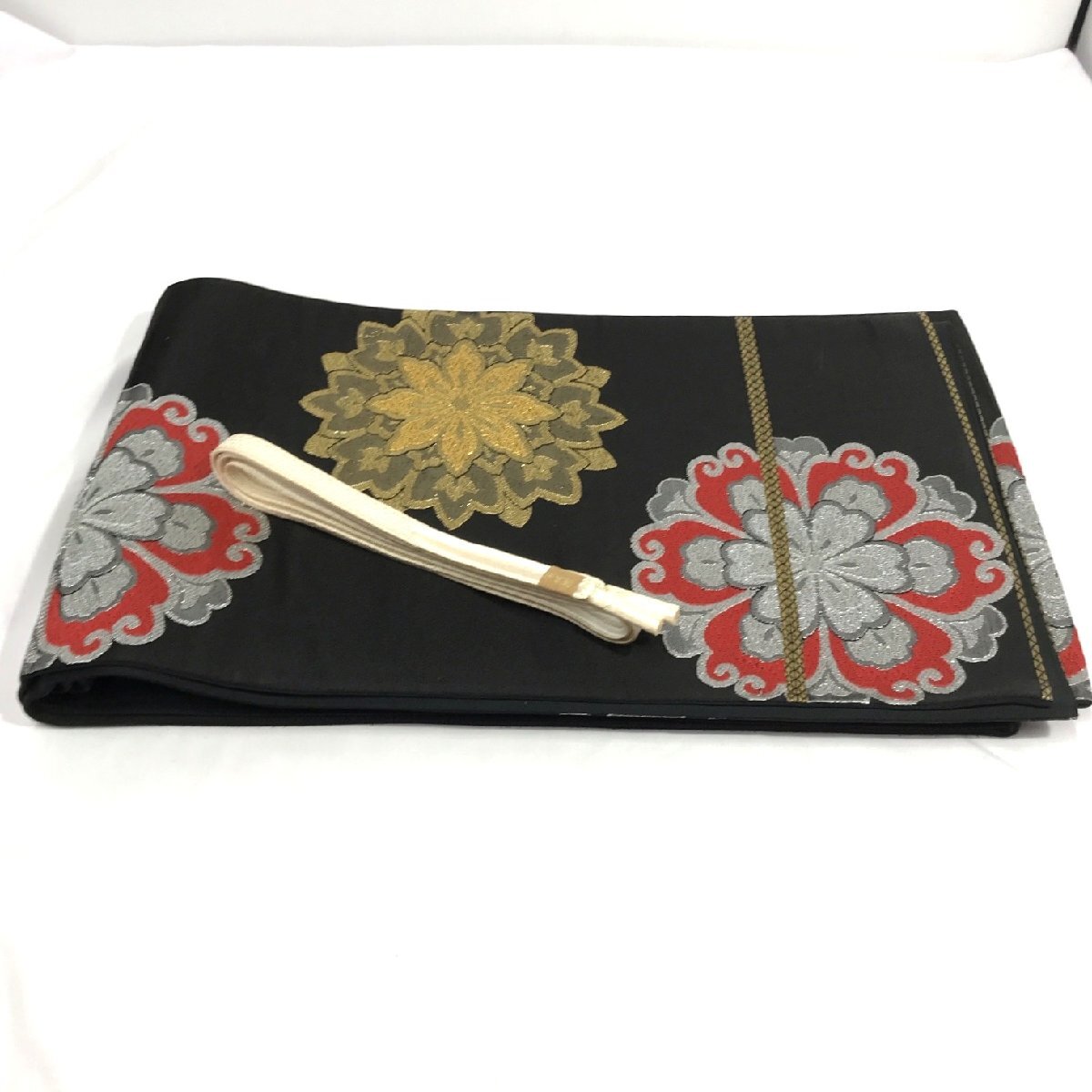 正絹 帯 帯締め セット 金糸 銀糸 黒 鏡裏華文 長さ396cm 幅30cm 手組み紐 着物小物 和装 タペストリー 六通 和服【道楽札幌】