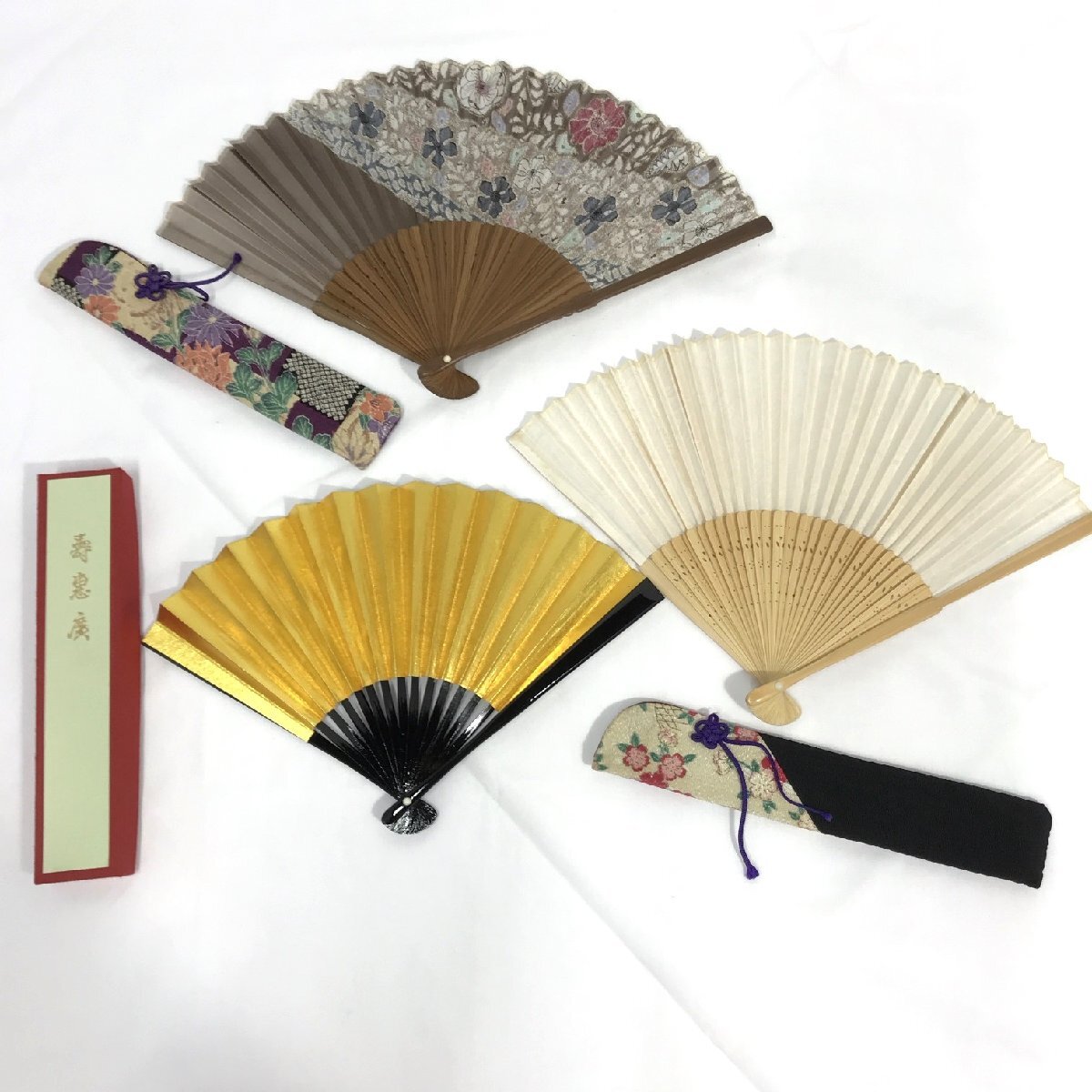扇子 3種 箱入り ケース入り 金銀 花柄 紙製 布製 布扇子 紙扇子 せんす 和雑貨 和飾り インテリア 小道具 保管品【道楽札幌】