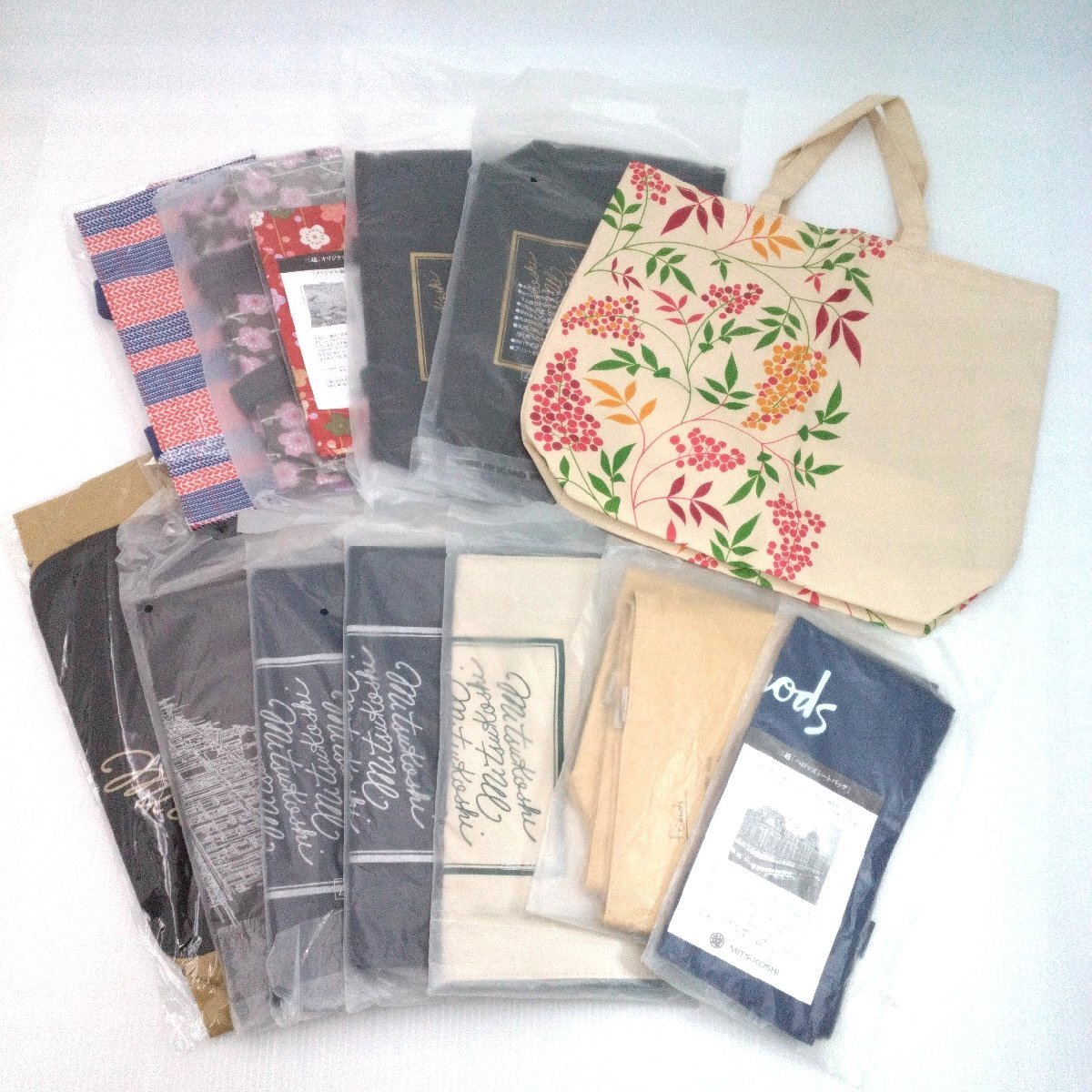 三越 ハロッズ トートバッグ 未使用 13点まとめ オリジナル MITSUKOSHI 非売品 ブラック ネイビー 花柄 サブバッグ エコバッグ 【道楽札幌
