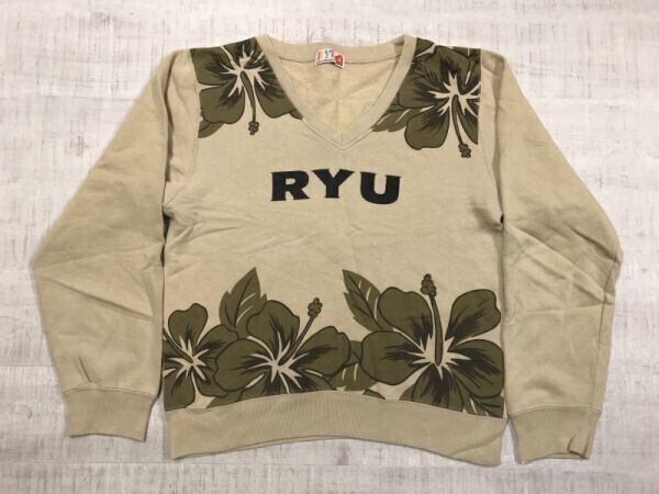 リュウ RYU 日本製 ハイビスカス Vネック 平成ギャル サーフ Y2K 00's 古着 オールド スウェット トレーナー レディース M ベージュ