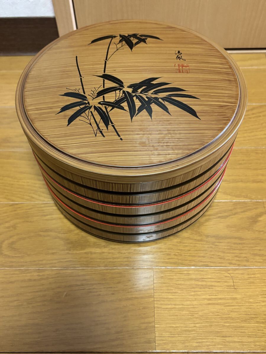 昭和レトロ　未使用 三段重ね 漆塗り 重箱　寿司桶　笹　竹　丸型　お櫃型 飯台