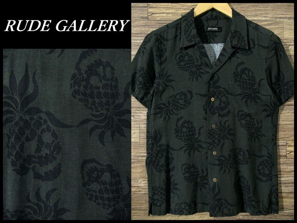 送無 RUDE GALLERY ルードギャラリー 半袖 レーヨン リネン 混 パイナップル スカル オープンカラー ハワイアン アロハ シャツ チャコール