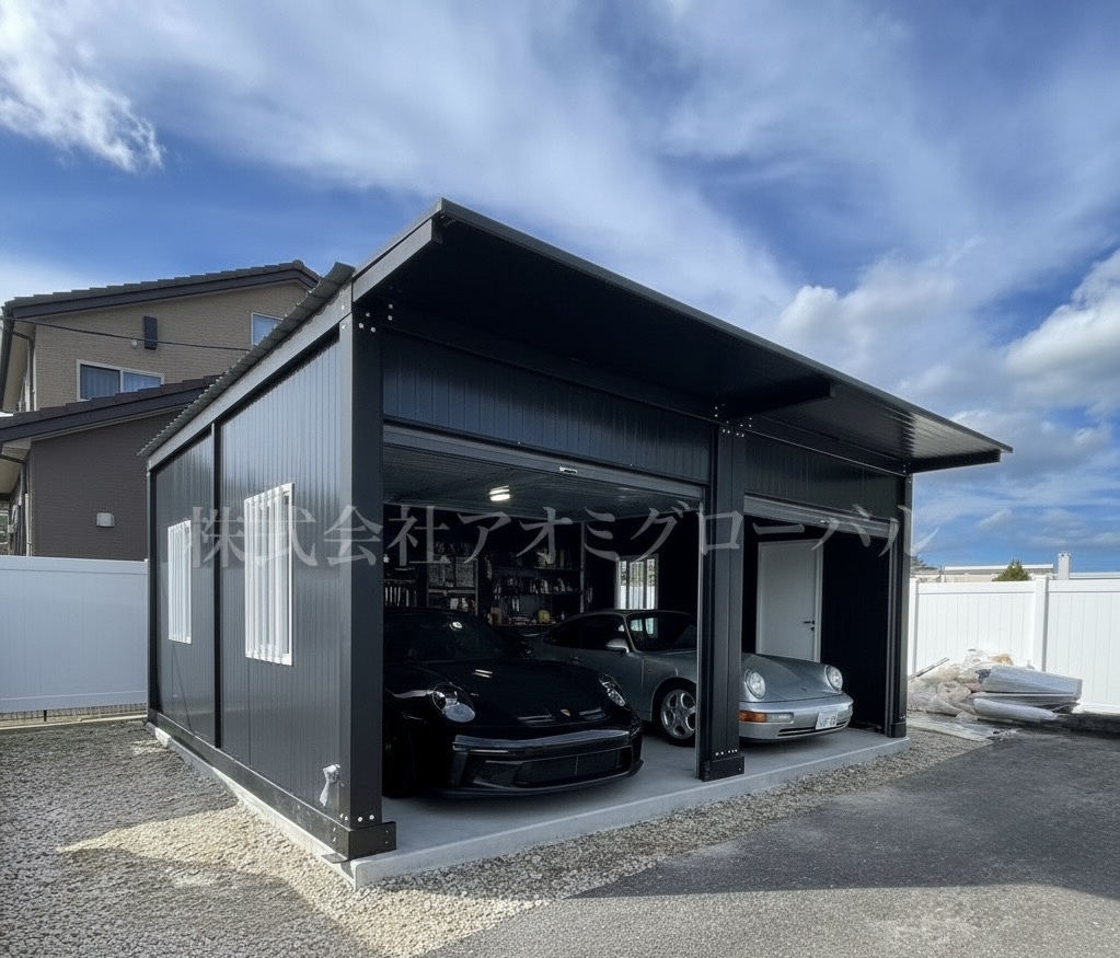 床なし車庫タイプ 整備場や駐車場に最適なコンテナガレージ 断熱入り 基礎不問で設置可能 プレハブカーポート バイク 農機具 納屋 倉庫 