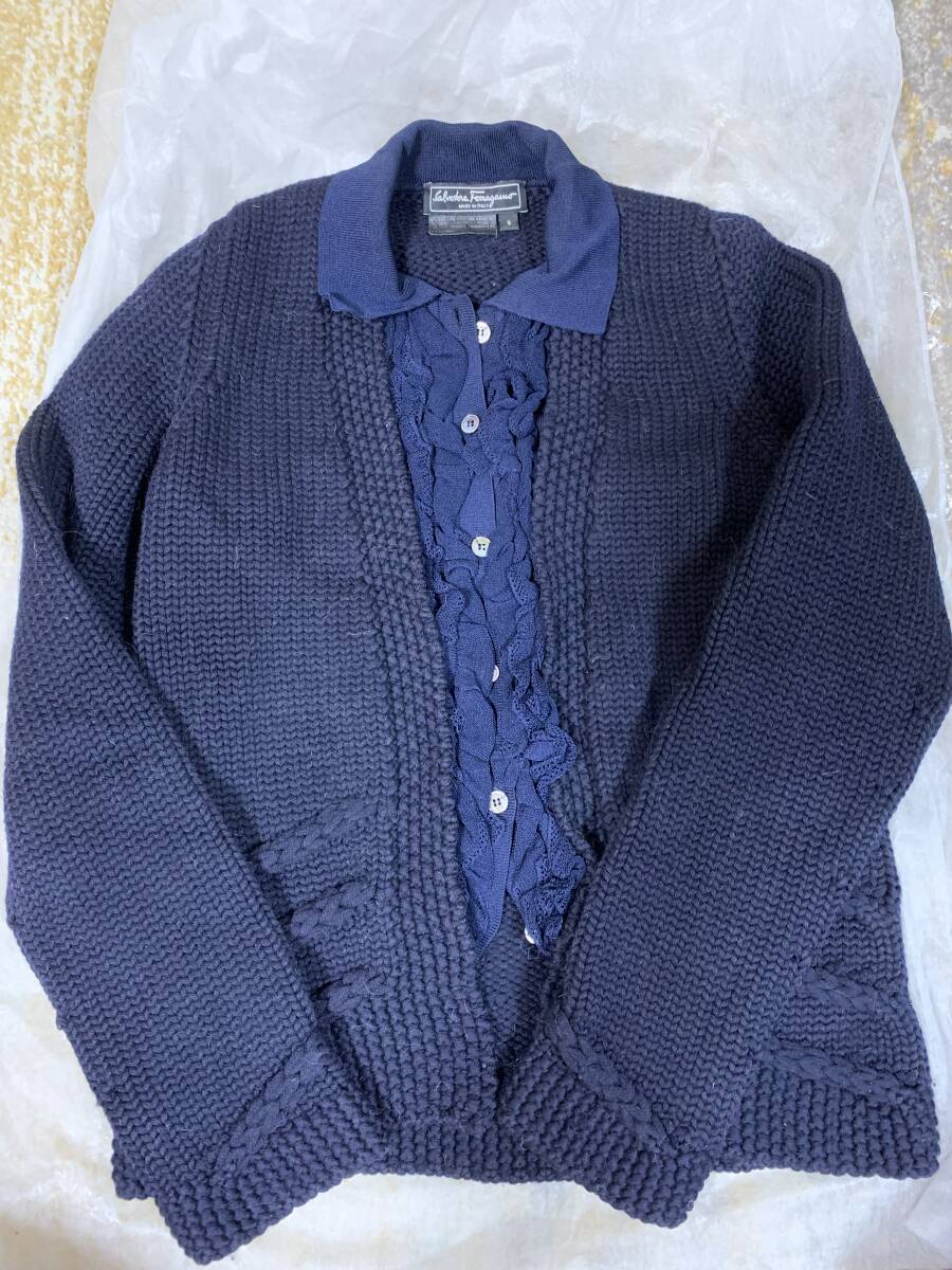 美品　サルバトーレ　フェラガモ　コンビ　ニット　15万　紺ネイビー　高級ウール