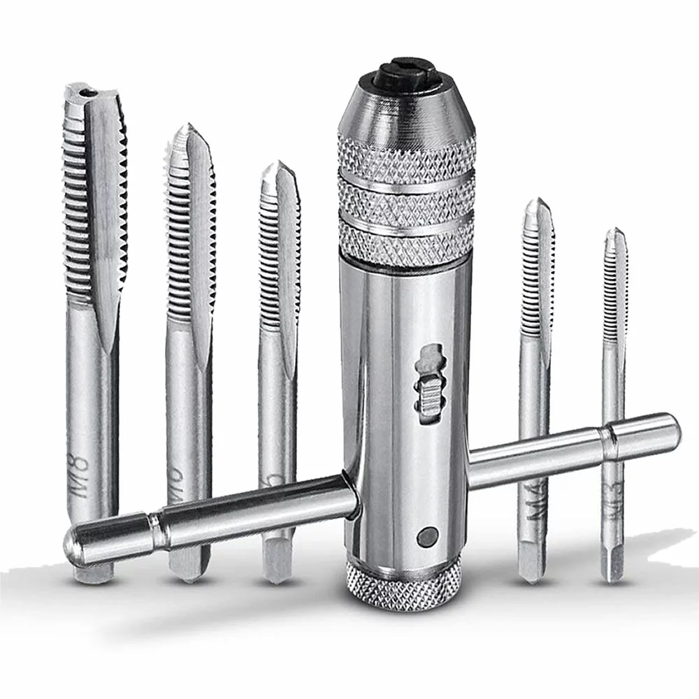 ねじタップ ラチェット タップホルダー Ｔ型ハンドル メートル制 タップレンチ 調整可能 タップ 5本付　tecc-5tapd