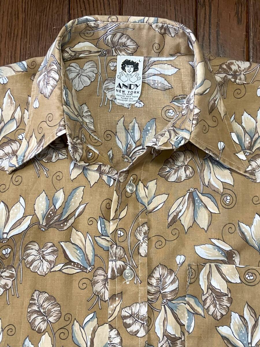 アンディー ＡＮＤＹ ビンテージ 長袖 シャツ Ｌ 茶色 草 葉っぱ リーフ 総柄 検索 ７０ｓ ７０年代 ヒッピー サンジ