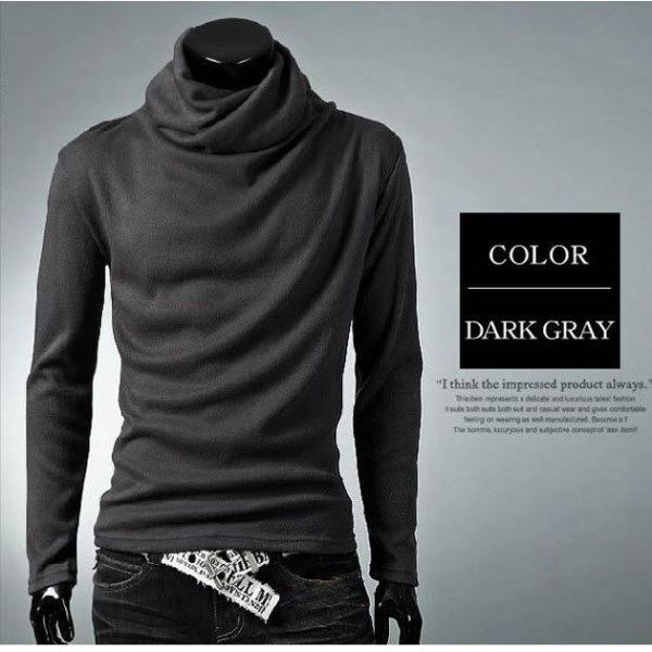 L グレー アフガン タートルネック 長袖 Tシャツ カットソー カジュアル メンズ シンプル 無地 ロングT ドレープ カジュアル カットソー