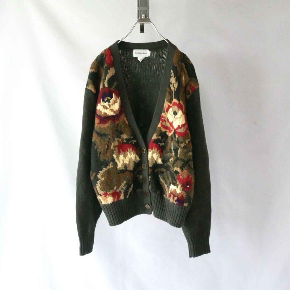 80s vintage darkgreen floral jacquard knit cardigan 80年代　ヴィンテージ　ダークグリーン　花　ジャガード　ニットカーディガン　古着