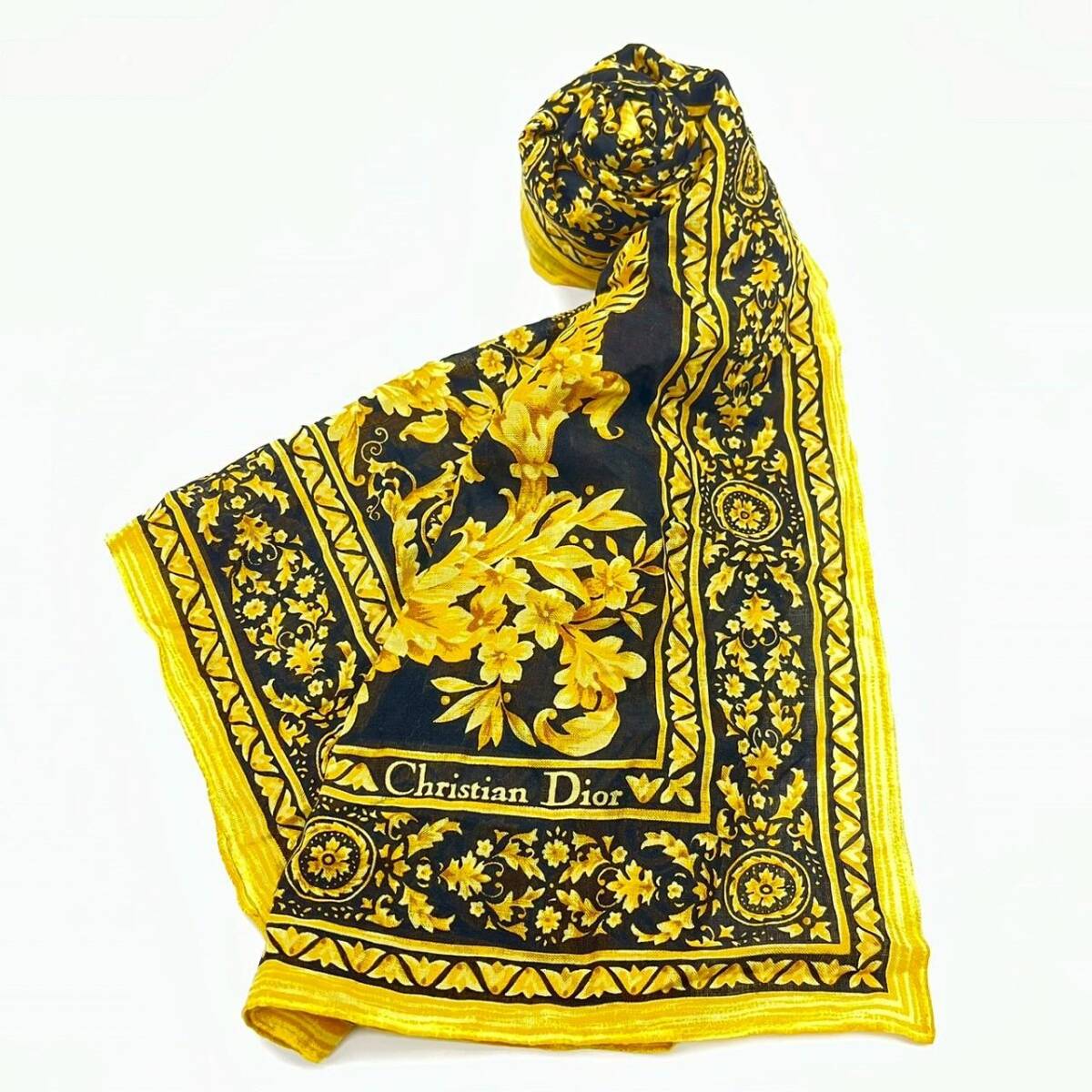 SW0329-5-3 Christian Dior ディオール ブランド小物 スカーフ ストール イエロー×ブラック 鐘紡 105×105cm 60サイズ