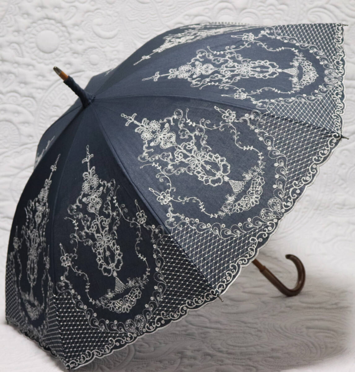 新品【晴雨兼用 長傘】繊細 高級感 豪華刺繍 木製 雨傘 日傘 紺 v7278