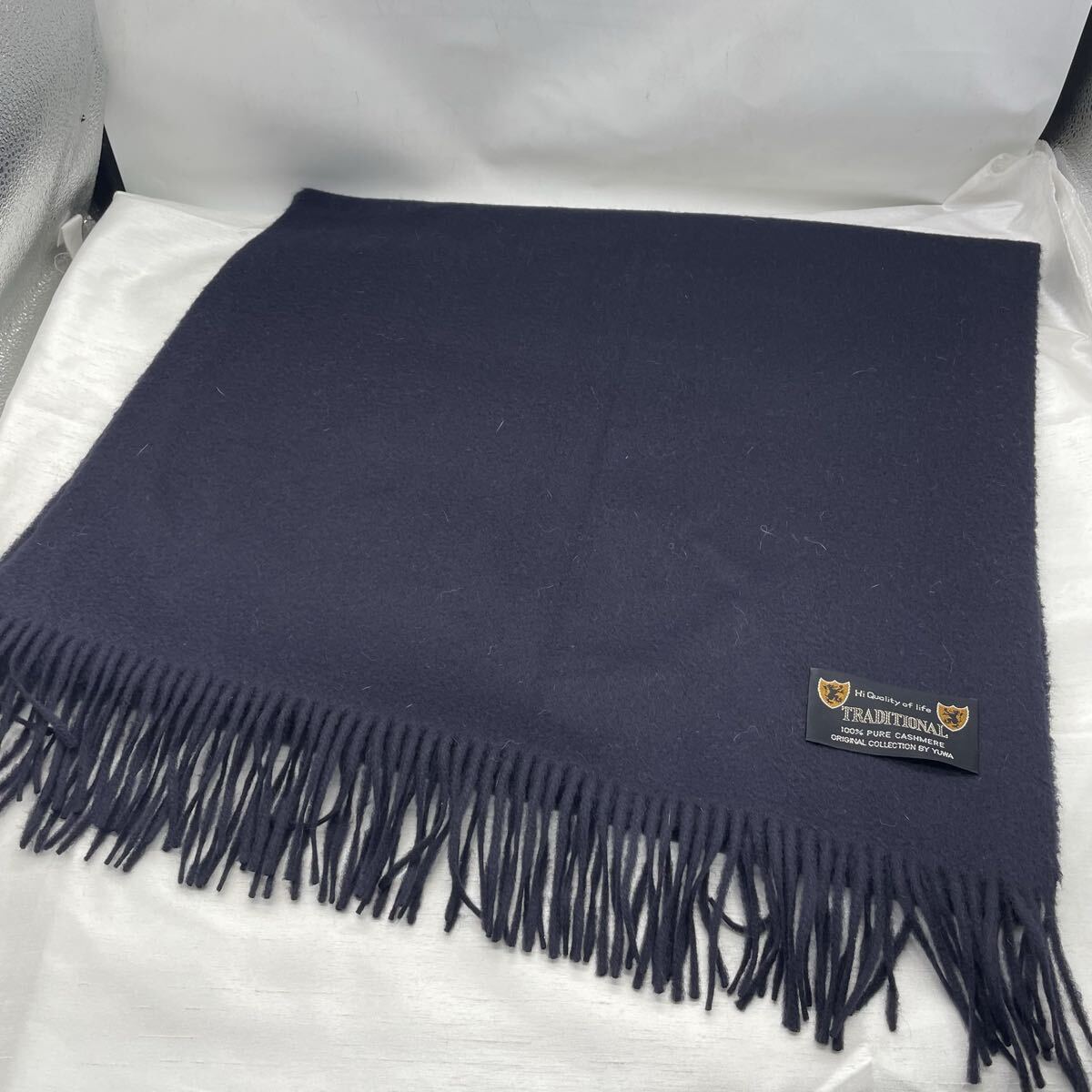 TRADITIONAL カシミヤ100% ストール ネイビー フリンジ付き 高級カシミヤマフラー マフラー 当時物 u818