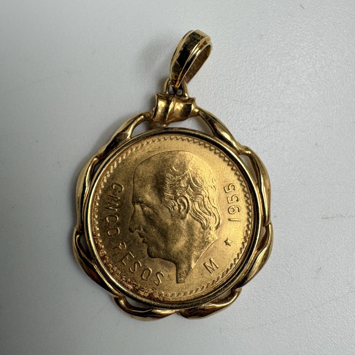 K21.6 メキシコ 5ペソ金貨 1955年 ペンダントトップ 枠K18 イダルゴ金貨 計7.1g 長期保管品 本物保証