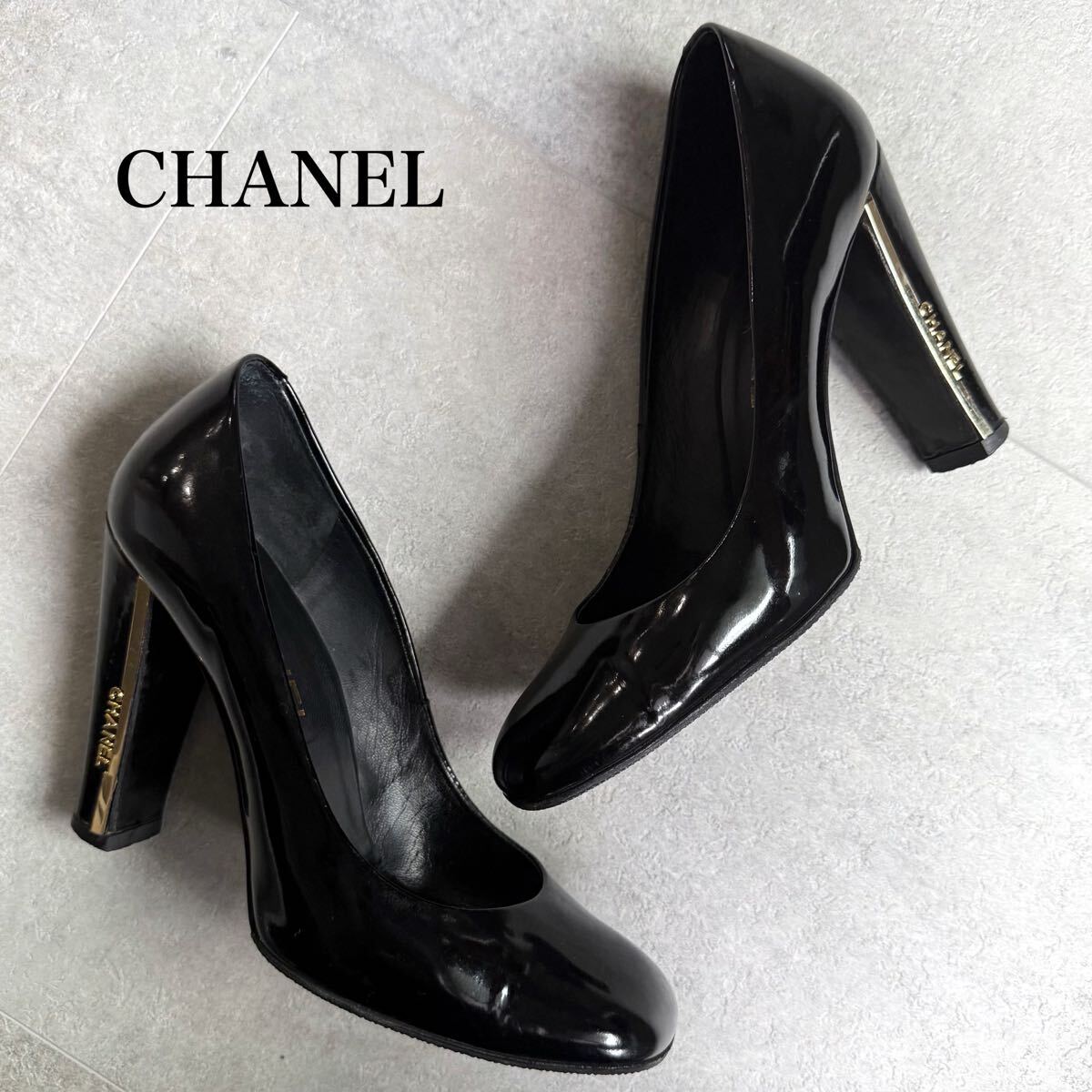 CHANEL シャネル ロゴパンプス パテントレザー ブラック ゴールド 36 1/2C 23.5cm