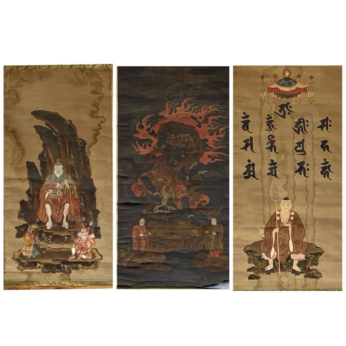 。猫夢◆2 時代 仏画 三幅対 肉筆紙本掛軸 大威徳明王 聖宝理源大師 役行者 [K135]きき