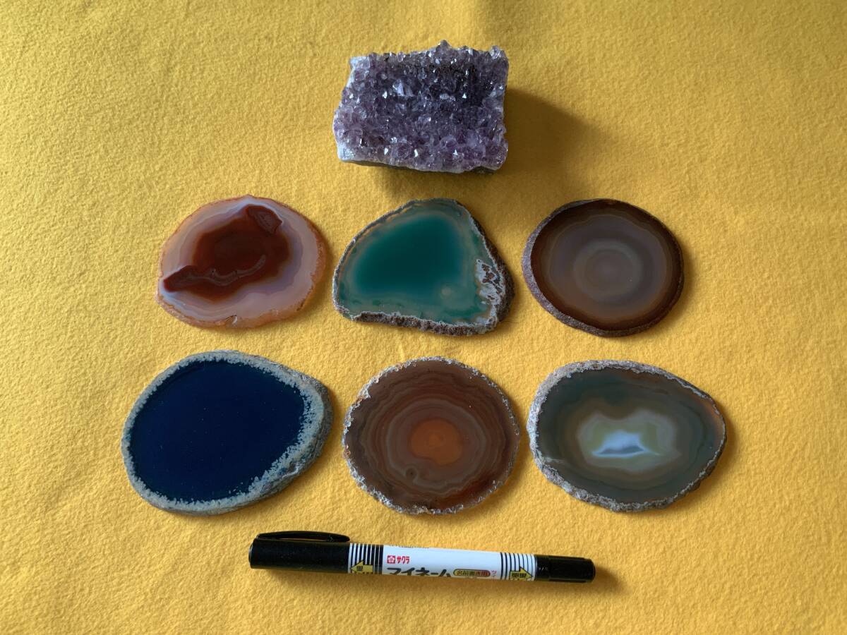 神秘的・綺麗・天然石 アメジスト クラスター289g メノウスライス6枚290g 計579g 文鎮 インテリアetc