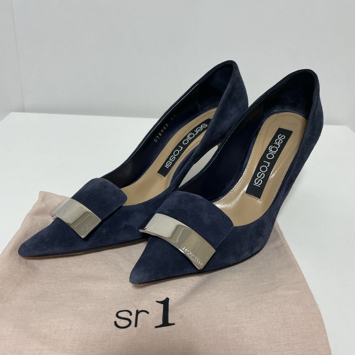 Sergio Rossi SR1 セルジオロッシ スエード ヒールパンプス プレート 37 ネイビー 中古