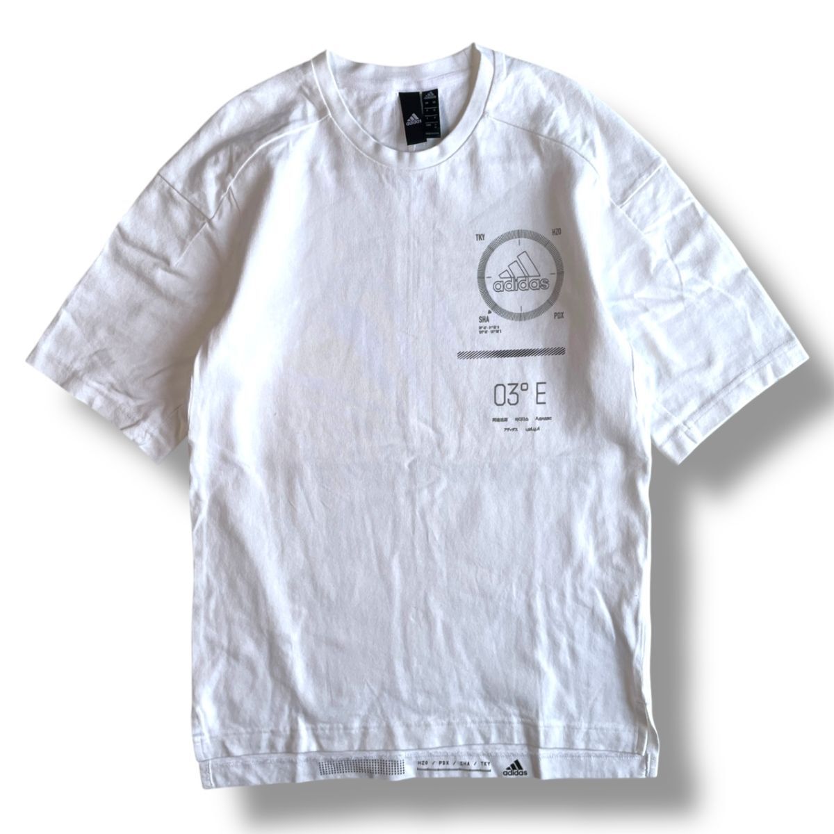 国内正規★ adidas アディダス 半袖 ヘヴィーウェイト 厚手 ロゴプリント Tシャツ Mサイズ 白 スポーツ ウェア 背中リフレクター パッチ