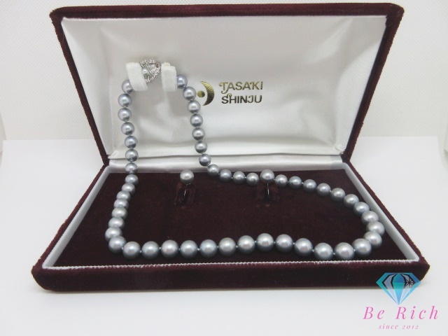 田崎真珠 TASAKI パール 真珠 7.5mm 珠 ネックレス イヤリング セット グレー シルバー SILVER K14 WG 585 【中古】【送料無料】ba3539