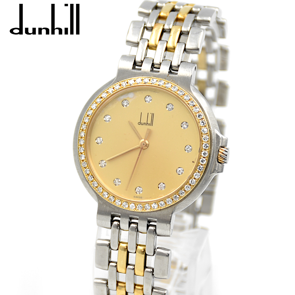 【A02638】dunhill ダンヒル エリート 2ロウ 3針 ダイヤベゼル QZ クォーツ メンズ腕時計 シルバー×ゴールド