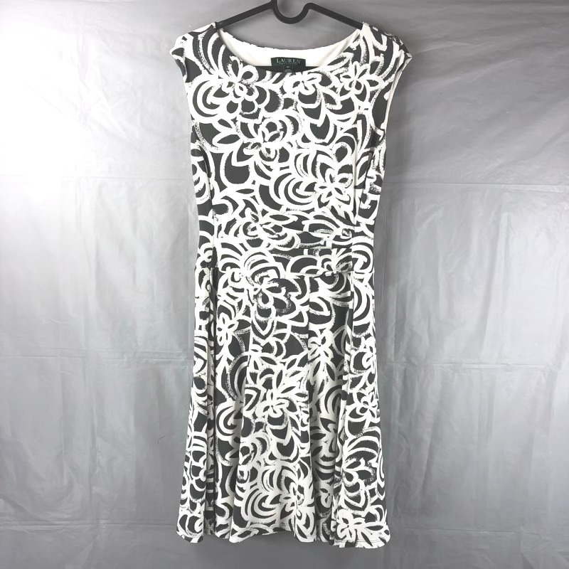 ラルフローレン RALPH LAUREN ワンピース ノースリーブ 花柄 フレア 白 グレー系 2Pサイズ 921473