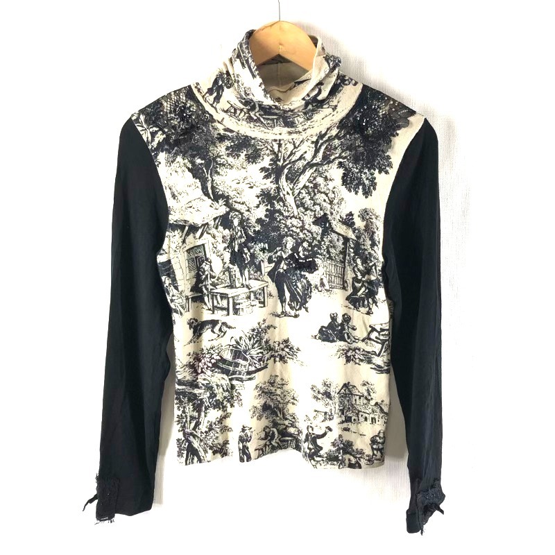 スーパービューティー super beauty カットソー 長袖 スパンコール ビーズ レース リボン 黒 ベージュ 42サイズ 977643