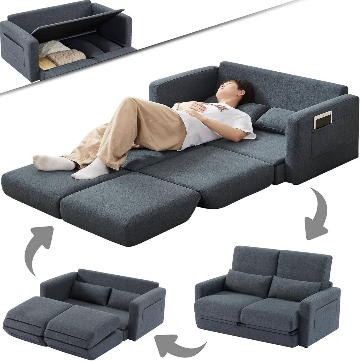 3WAYソファーベッド 2人掛け 収納付き ローソファー ベッド 折りたたみ カウチソファー 一人用 コンパクト （ブルーグレー・2人掛け）