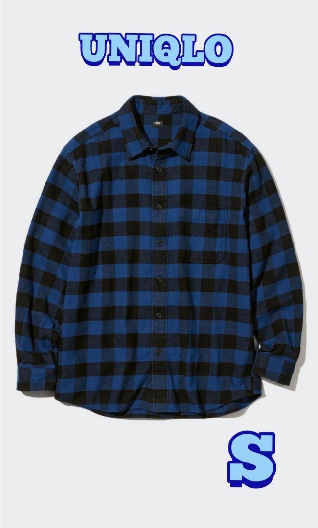 【UNIQLO】メンズ チェック柄 長袖 フランネルシャツ ブルー S