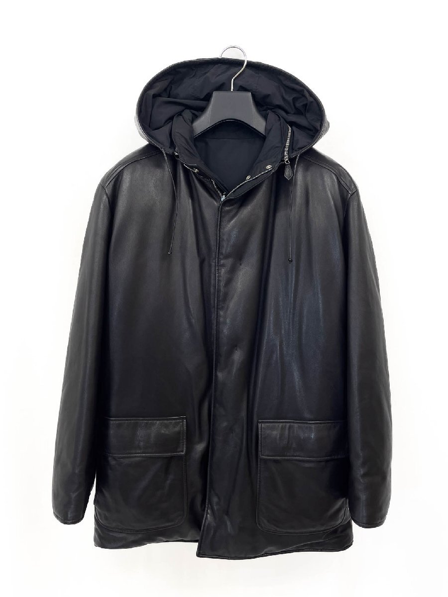 HH超美品【エルメス HERMES】最高級ラムレザー フード付 2WAY 極上のリバーシブルダウンジャケット (メンズ) 48 ブラック 仏製 ◇17AAA233