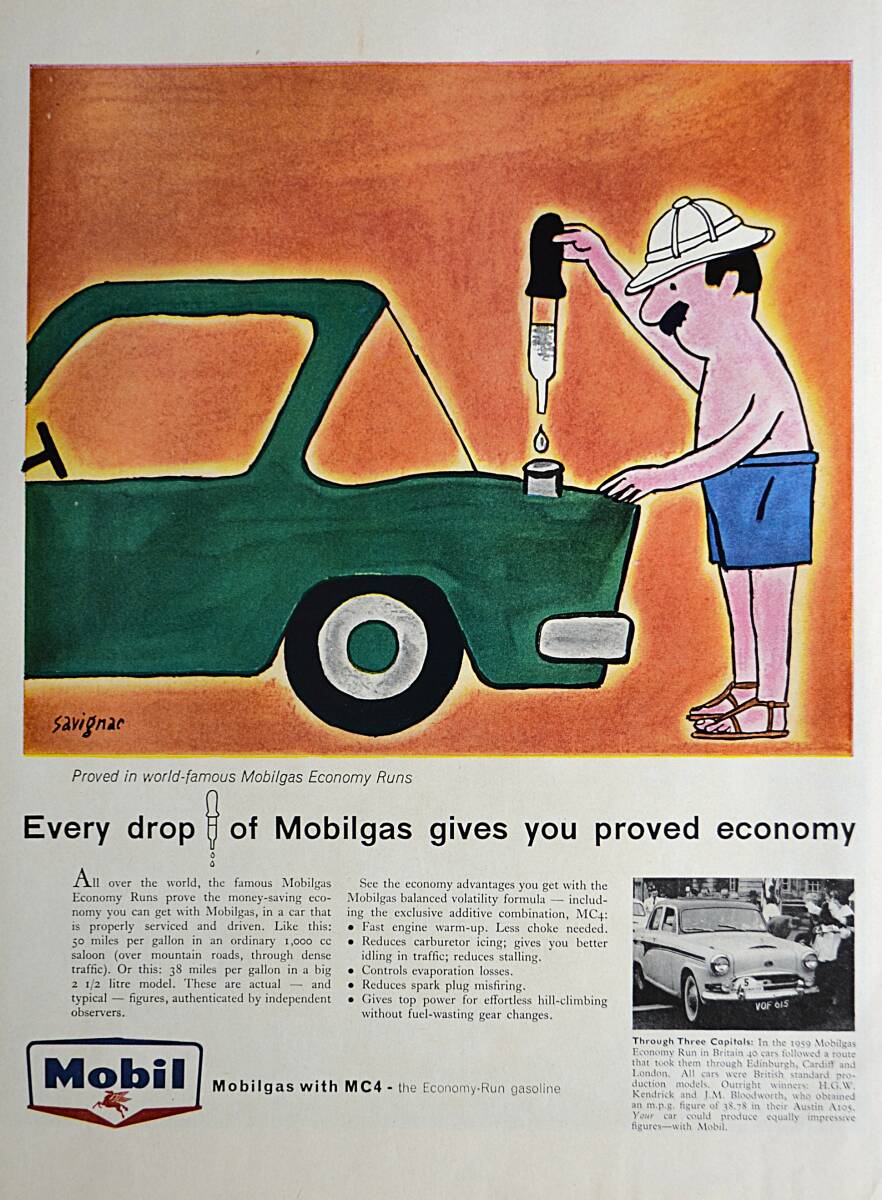 稀少！1959年モービル広告/Mobilgas/サヴィニャック/Savignac/アート/イラスト/給油/A-1