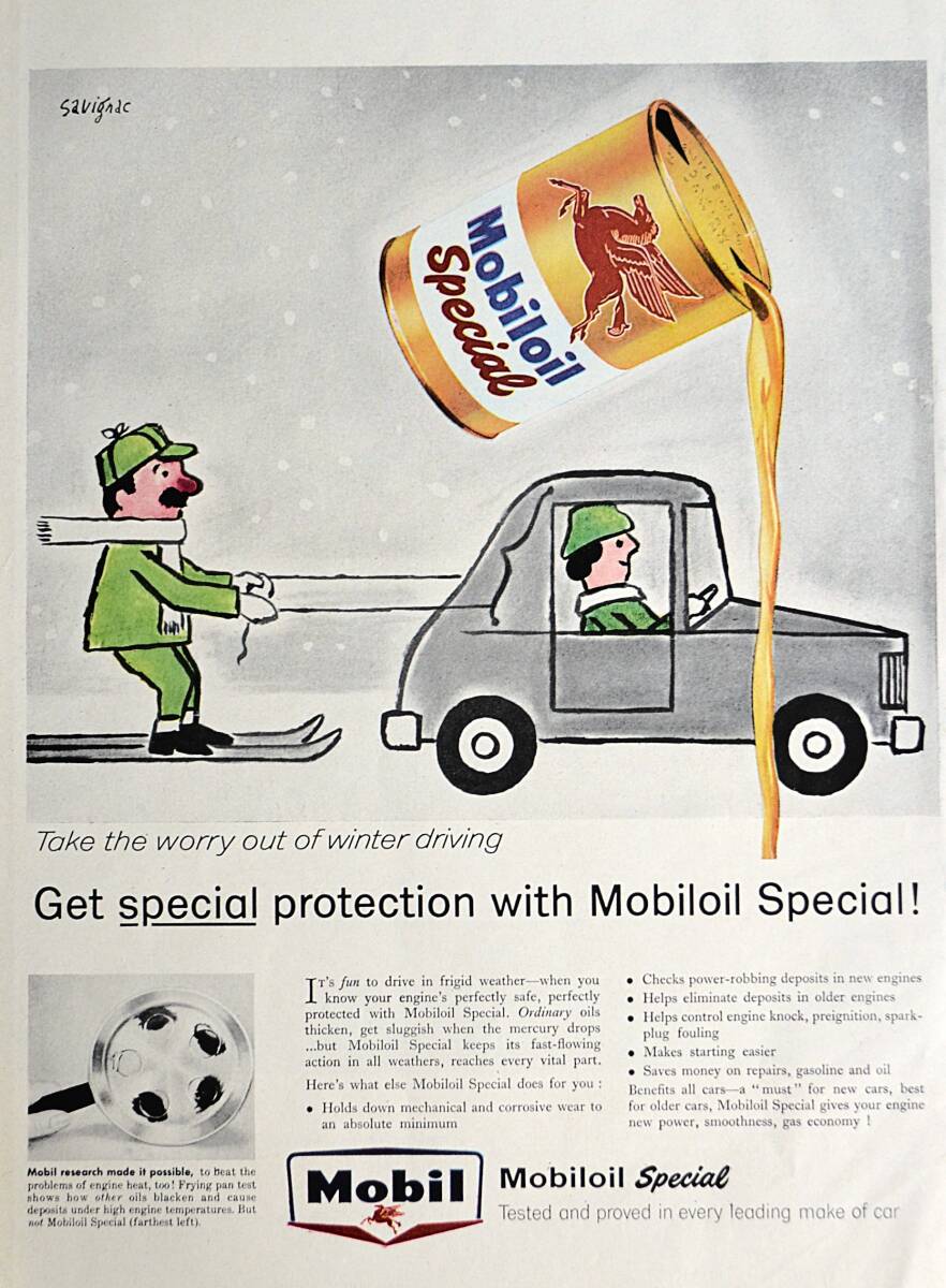 稀少！1959年モービル広告/Mobilgas/サヴィニャック/Savignac/アート/イラスト/冬のドライブ/A