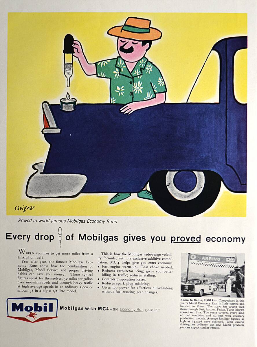 稀少！1959年モービル広告/Mobilgas/サヴィニャック/Savignac/アート/イラスト/アロハシャツ/A