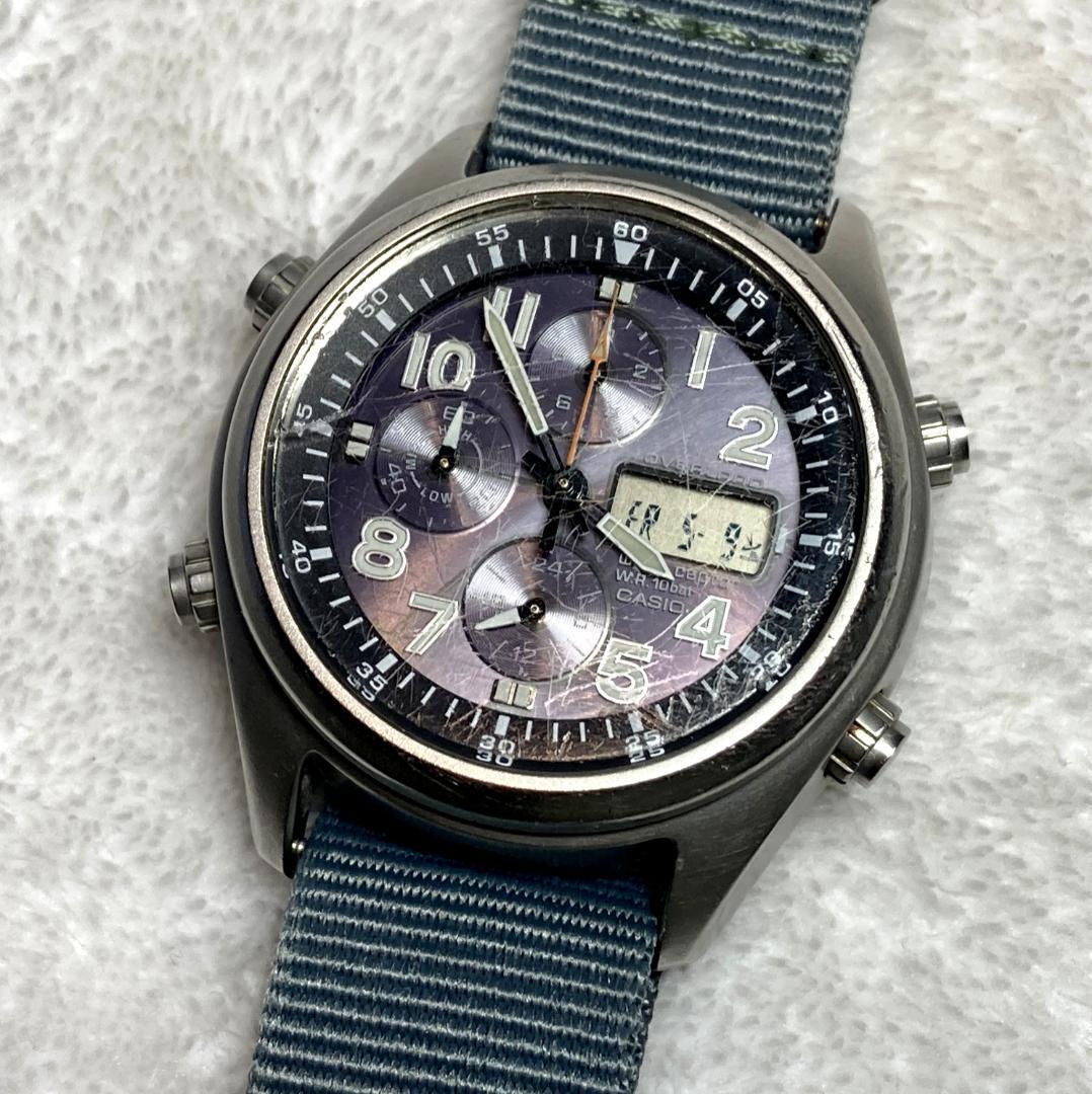 CASIO OVERLAND 電波 ソーラー OVW-500BJ クロノグラフ NATO ミリタリー 稼動 中古 メンズ 腕時計 クロノ オーバーランド wave ceptor レア