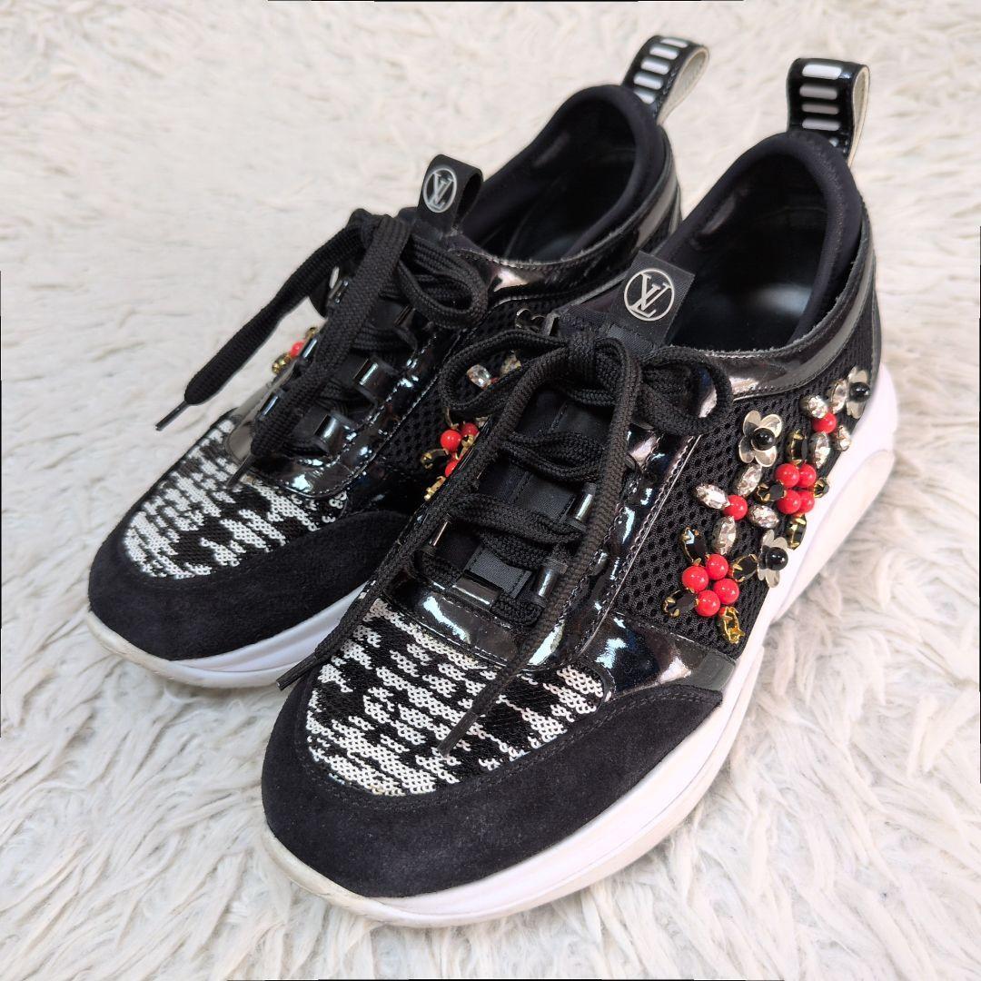 【美品/希少】LOUIS VUITTON ルイヴィトン モノグラムフラワービジュースニーカー スパンコール メッシュ ブラック 黒 35