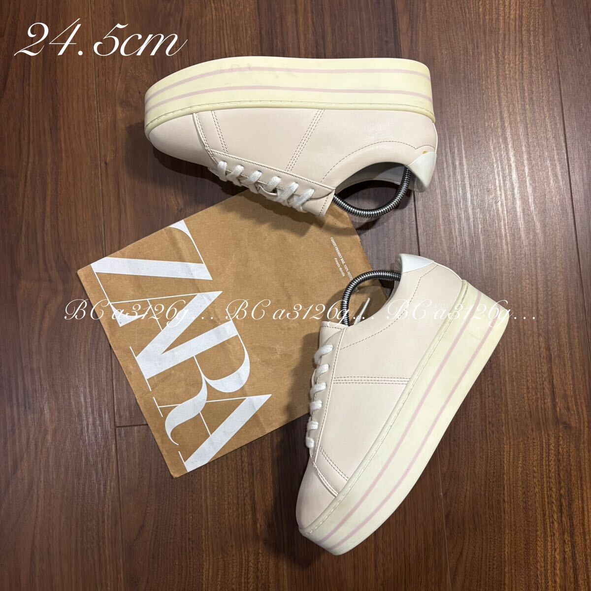 新品 ZARA 厚底スニーカー 24.5cm 38 薄ピンク ザラ スニーカー シューズ PUレザー 脚長 細見え 外羽根 スタンスミスタイプ 6432/301/098
